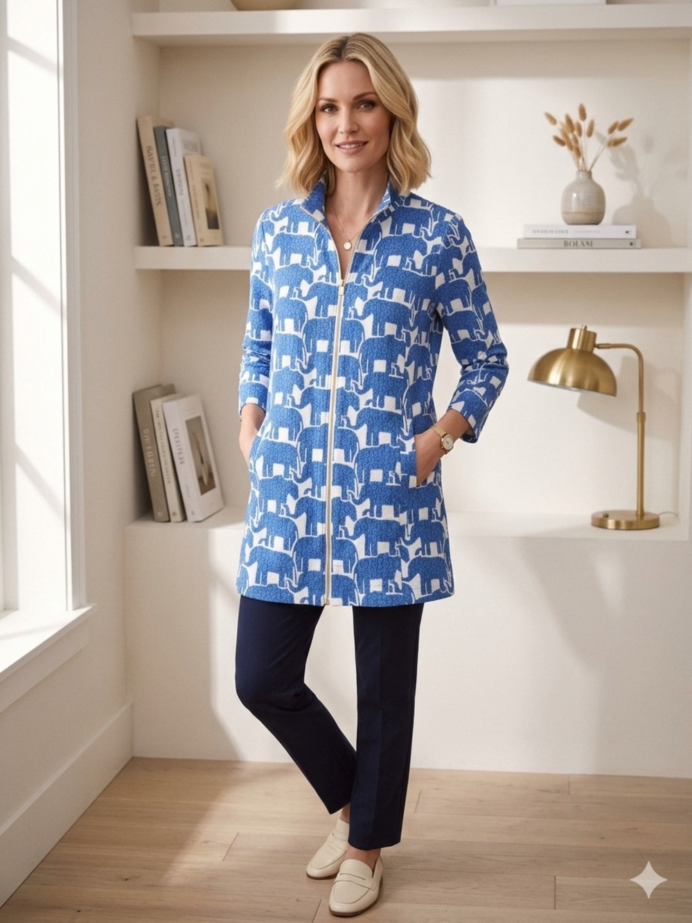 Blue Elephant-Print Zip Front Tunic Jacket